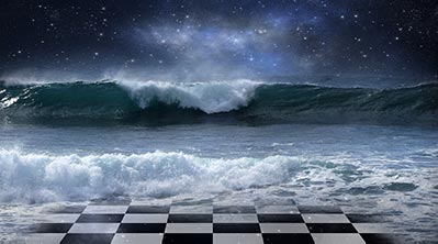 Ocean waves pouring onto a chess board