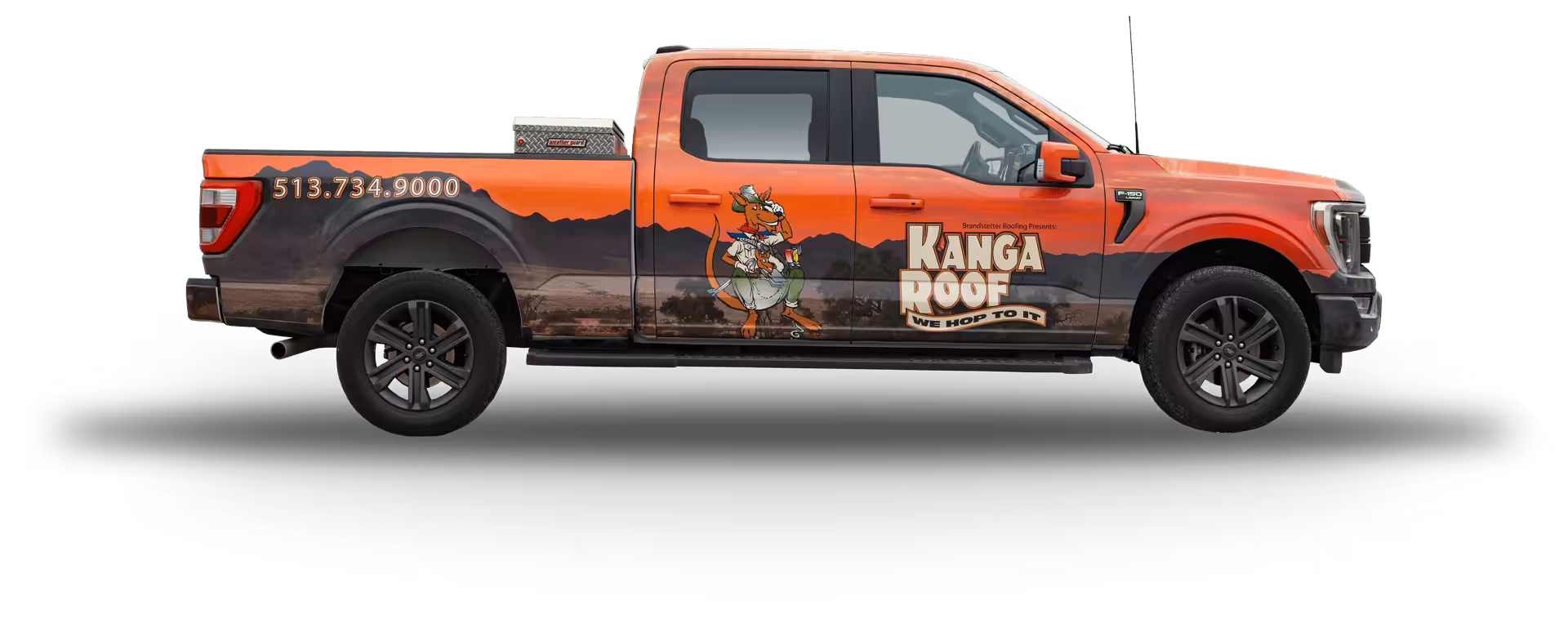 Brandstetter's KangaRoof service truck with KangaRoof branded decals and orange paint job