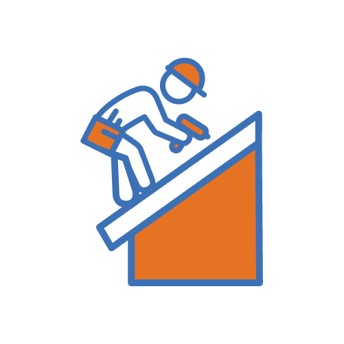 Brandstetter's KangaRoof Experienced Team Icon with blue outlined and orange solid roof and blue outlined worker installing shingles