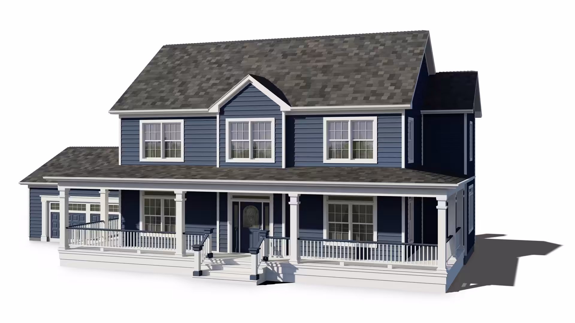 House with new dark blue siding, new white gutters, and new dark gray roofing